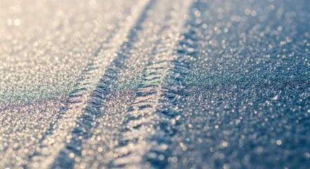 Frost patterns on a vehicle surface with sunlight reflection, winter time