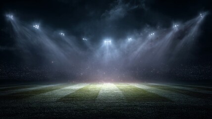 Fototapeta premium Illuminated football field under stadium lights at night with empty pitch and copy space for sports action or event promotion