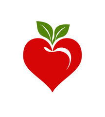 Heart Apple Stylized red heart-shaped apple with green leaves on a white background