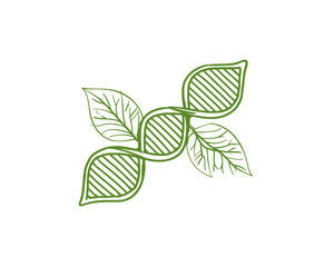 A green botanical symbol with a DNA strand core and stylized leaves