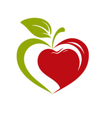 A stylized apple design featuring a heart shape created with green and red elements. Includes leaf
