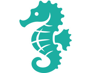 A teal seahorse illustration on a white background. It features a curved body with an eye and fins