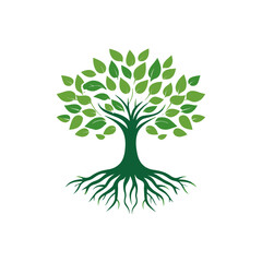 A stylized tree with a dark green trunk, roots, and bright green leaves on white background