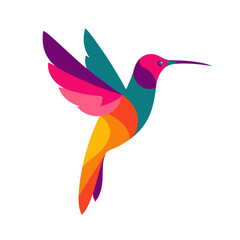 Colorful, stylized hummingbird in flight, featuring a vibrant array of overlapping geometric shapes