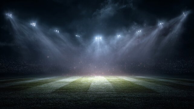 Illuminated football field under stadium lights at night with empty pitch and copy space for sports action or event promotion