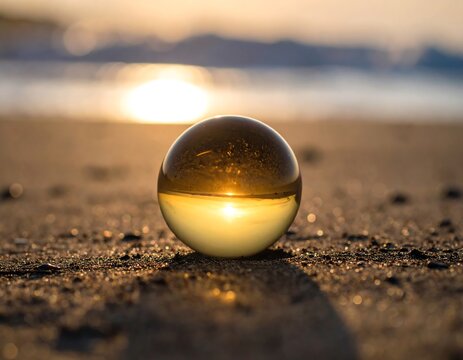 Crystal Ball on Sandy Beach Reflecting Golden Sunset.