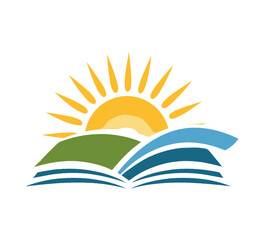 A stylized image features a sun rising over rolling hills, atop an open book