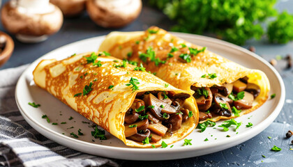 Crepes filled with sautéed mushrooms, garnished with fresh herbs. AI