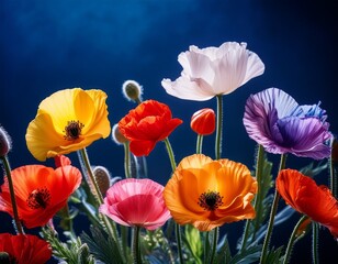 Fototapeta premium vibrant blooming poppies in various bright colors on dark blue background