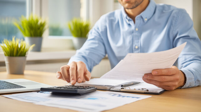 A focused professional is managing finances at an office desk, using a calculator and reviewing essential documents and reports, represents financial planning, accounting, budgeting, tax preparation