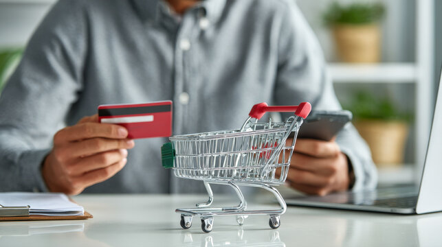 A person uses a credit card and smartphone to shop online at desk, with a miniature shopping cart symbolizing consumerism and convenience of modern e-commerce, secure digital financial transactions