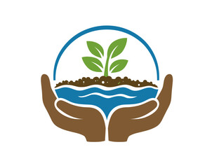 A graphic showing a plant sprouting from soil, water held by hands within a circular frame