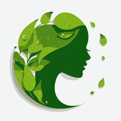 Silhouette of a woman's profile is intertwined with green leaves and water droplets, on a white background
