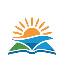 A stylized logo featuring an open book with a sun rising over waves of water. The sun has rays
