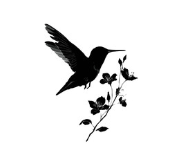 A monochrome image showcases a hummingbird in flight near a blooming floral branch