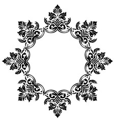 Ornate, symmetrical, black floral frame with repeating patterns and a circular, clear center space