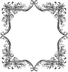 Decorative black and white illustration featuring an ornate, symmetrical frame with swirling flourishes