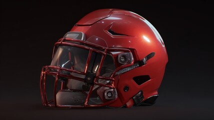 Fototapeta premium Close-up of a modern football helmet on a stadium field, ready for game action under bright stadium lights, highlighting protective gear and sports equipment for football players