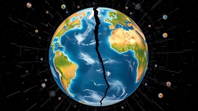 Fractured globe with mismatched seasonal quadrants spinning chaotically amid erratic satellite data.