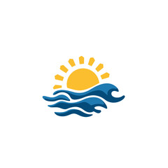 A sunny day illustration features stylized waves and a rising sun, evoking a sense of calm