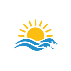 Simple graphic of a sunrise over ocean waves in gold and light blue colors