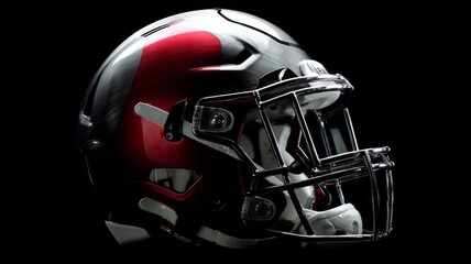 Fototapeta premium Close-up of a modern football helmet on a stadium field, ready for game action under bright stadium lights, highlighting protective gear and sports equipment for football players