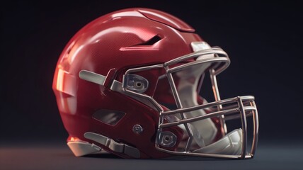 Fototapeta premium Close-up of a modern football helmet on a stadium field, ready for game action under bright stadium lights, highlighting protective gear and sports equipment for football players