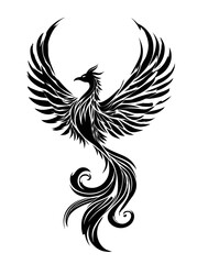 A detailed black and white illustration of a phoenix, its wings outstretched and flames stylized