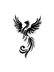 A stylized black phoenix icon, created using brushstrokes, stands on a white background