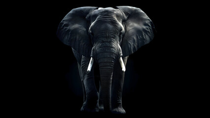 Majestic African Elephant Portrait on Black Background with Dramatic Low-Key Lighting and Impressive Tusks, Symbolizing Strength and Wild Beauty