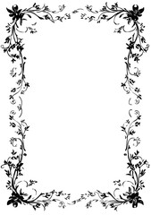 A black and white rectangular floral frame comprised of stylized leaves, vines, and blooms