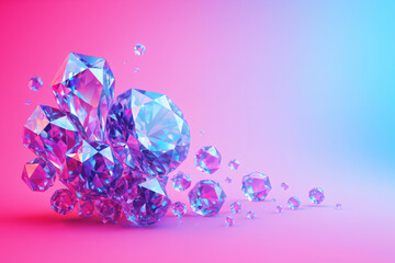 Blue Expensive Crystal Diamonds on Gradient &ndash; 3D Render, Copy Space. A gift in purple to blue colors