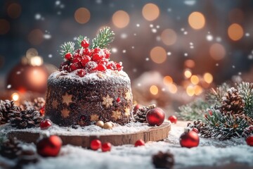 Christmas cake adorned with berries and pine cones.
