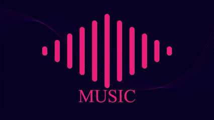 Minimalist vector sound wave with the word MUSIC in bold neon gradient design on dark background, symbolizing audio, rhythm, and digital streaming.