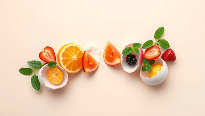 Minimalist surreal food art — strawberries and citrus orange arranged inside cracked pastel eggshells with mint garnish, isolated on white background for fresh spring concept design