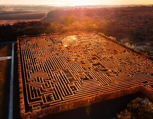 view from above of a complex geometric maze lit by warm light