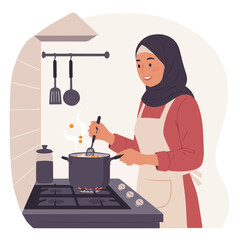 Happy Muslim woman stirring dinner in modern kitchen at home