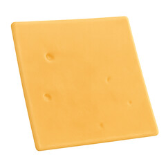 A single, square slice of processed yellow or orange cheese with a few small holes (eyes), viewed on the diagonal, isolated on a white background.