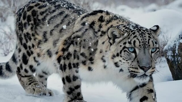 A majestic snow leopard prowling through a snowy landscape. Its fur is a beautiful mix of gray and white, with dark spots, allowing it to blend into its snowy surroundings.