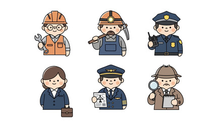 Diverse professions illustrated, showcasing various careers. Six individuals represent different fields, embodying expertise and dedication. Vector illustration