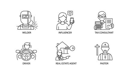 Diverse professions illustrated in simple line drawings, including a welder, influencer, tax consultant, driver, real estate agent, and pastor. Vector illustration