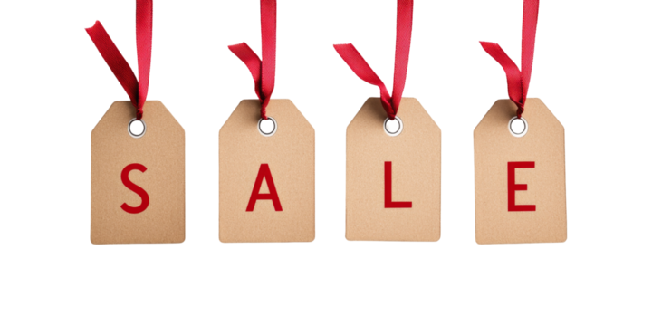 Brown tags with red ribbons spelling sale on black background