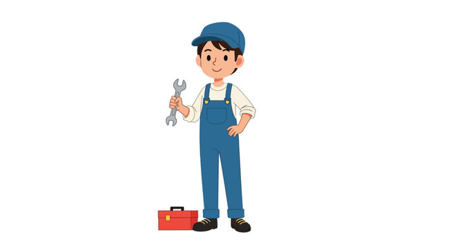 A skilled mechanic standing confidently, holding a wrench, with a toolbox nearby Vector illustration