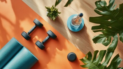 Home gym workout essentials on a vibrant orange and teal mat, with tropical plants and water bottle, ideal for social media or blog post