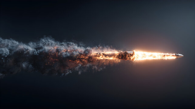 Fiery bullet flying through dark space, leaving a trail of smoke and embers