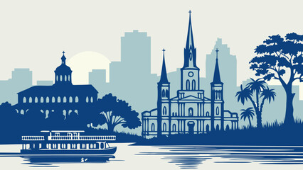 New orleans skyline, boat near jackson square highlights citys charm. Suitable for travel brochures, city guides, postcards, and tourism websites.