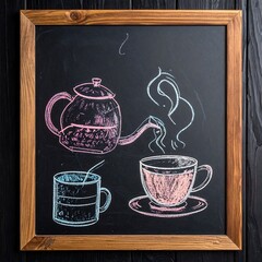 Chalk drawing of a tea set on a chalkboard.  A kettle, mug, and teacup are depicted