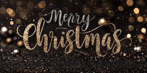Golden-silver glittery "Merry Christmas" inscription and Christmas balls on a blurry dark background, creating a festive and glamorous atmosphere