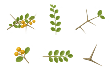 Desert hackberry clipart set with yellow berries, green leaves and sharp thorns for botanical, natural and design projects.