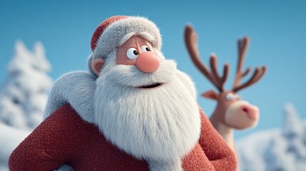 Detailed 3D illustration of Santa Claus with expressive blue eyes and a realistic beard, against the backdrop of a snowy field with reindeer, creating an atmosphere of a winter miracle